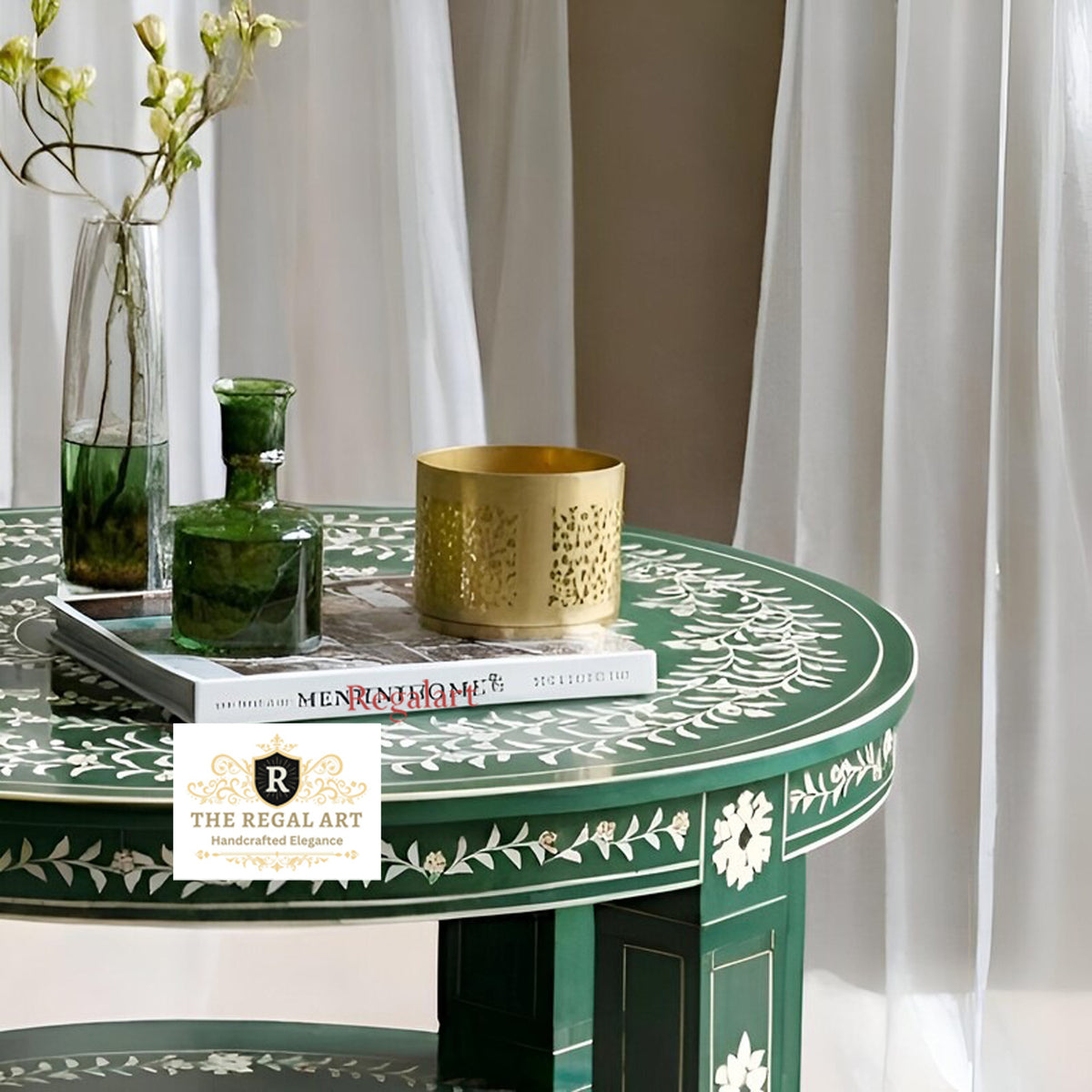 Side View of Green Bone Inlay Coffee Table Highlighting Round Double Shelf Design and Premium Finish