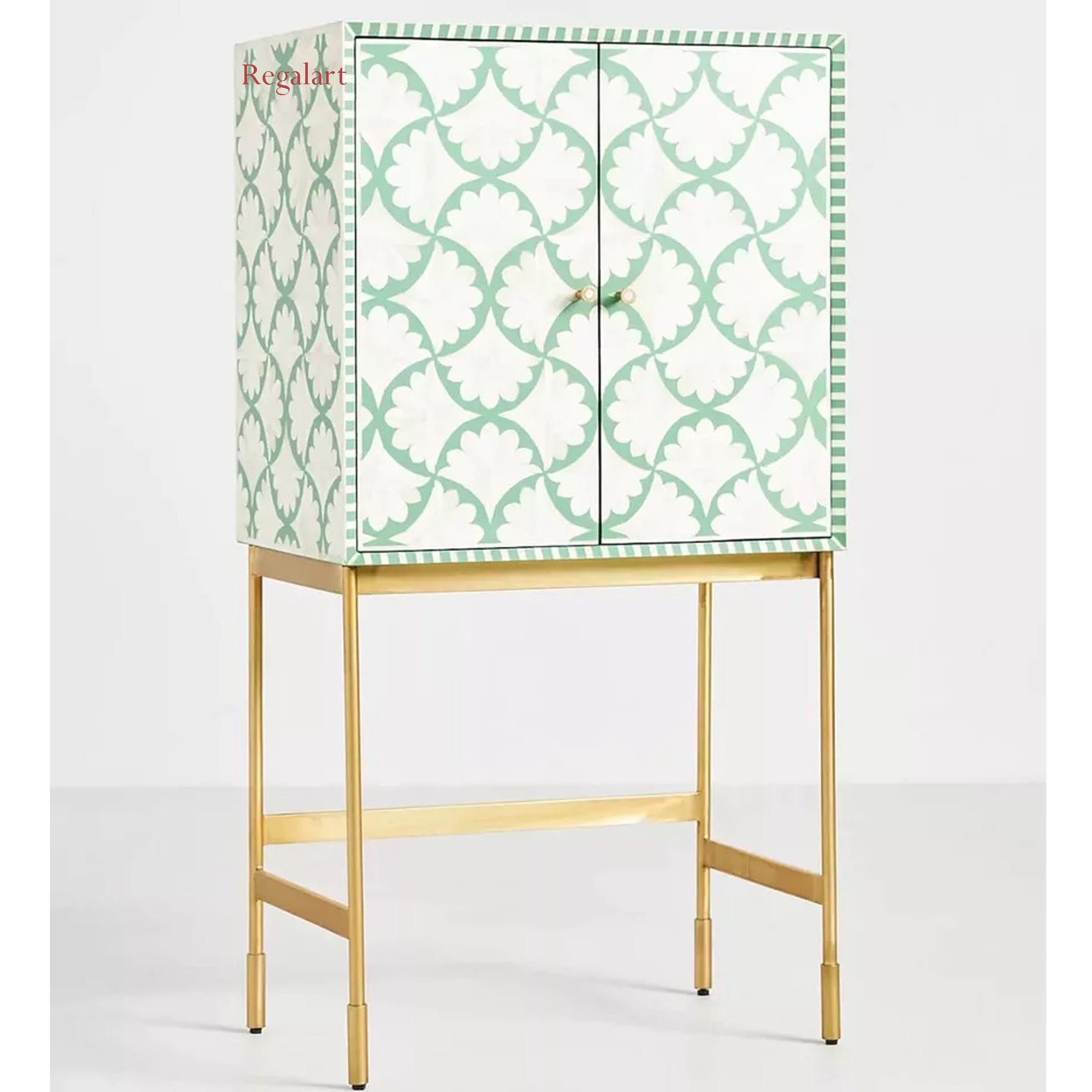 Bone Inlay Bar Cabinet, Leafy Unit In Teal Finish Modern Pattern Home Décor