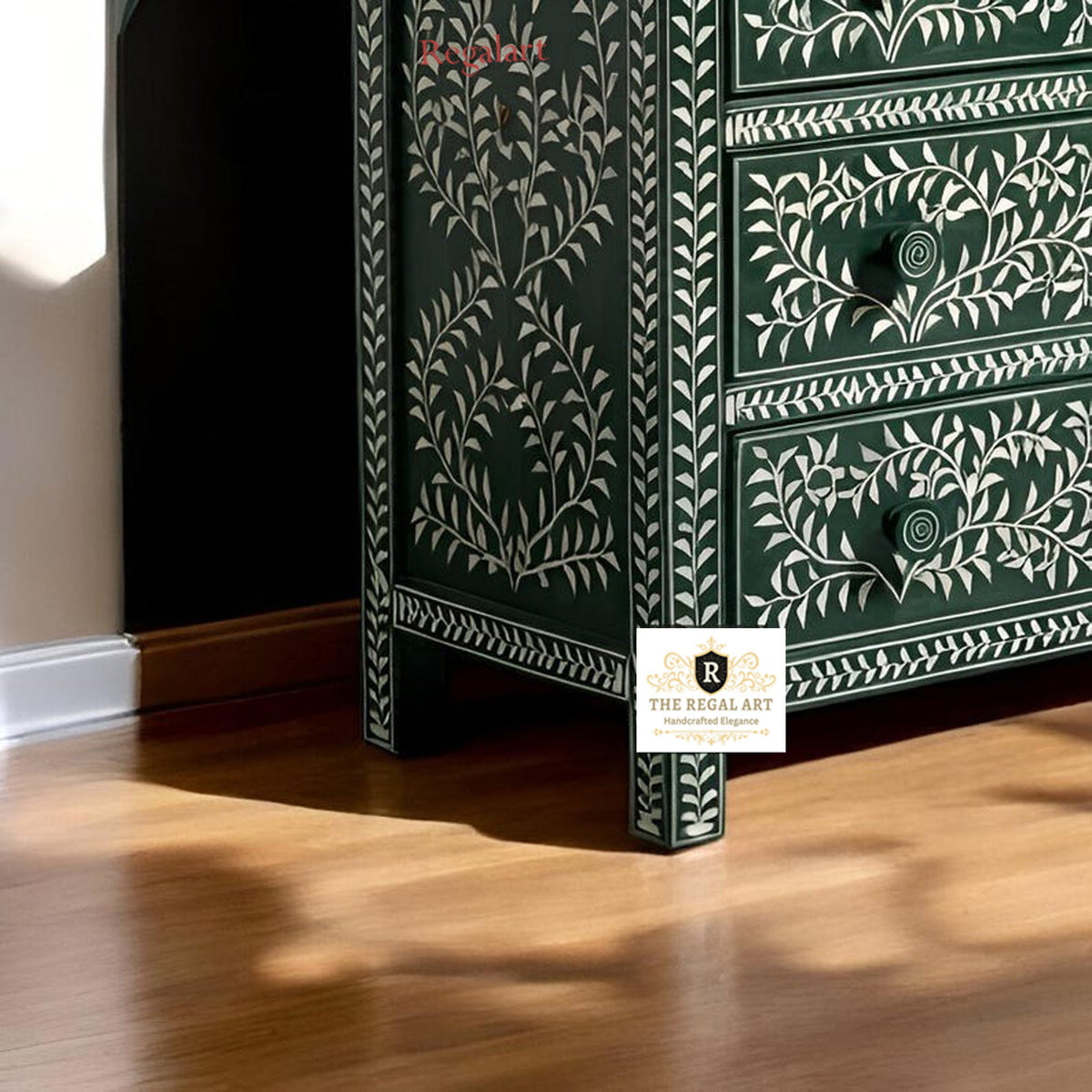Close-Up of Green Bone Inlay Dresser Leg and Handcrafted Floral Inlay Details