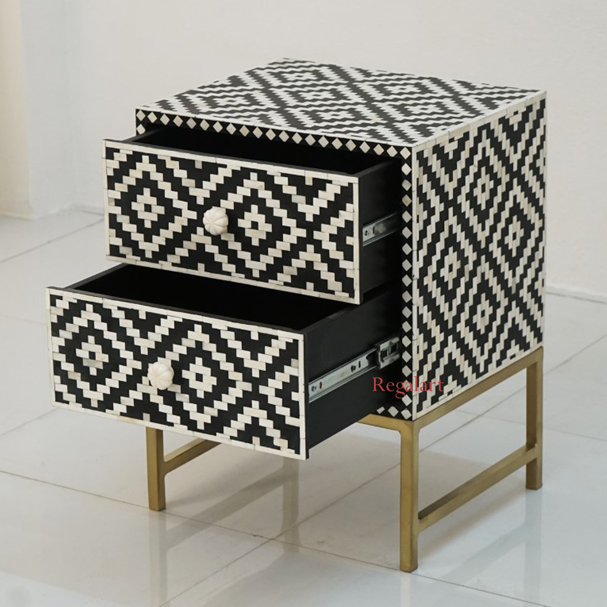 Handmade Bone Inlay Nightstand | 2-Drawer Side Table