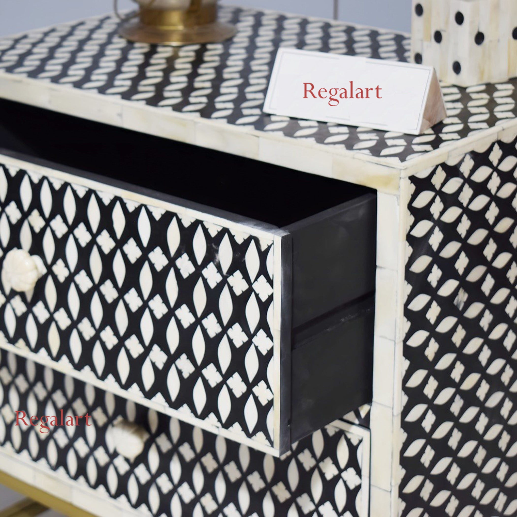 Bone Inlay Eye Pattern Black 2 Drawers Bedside Table - Exauisite Handmade Bedroom Furniture