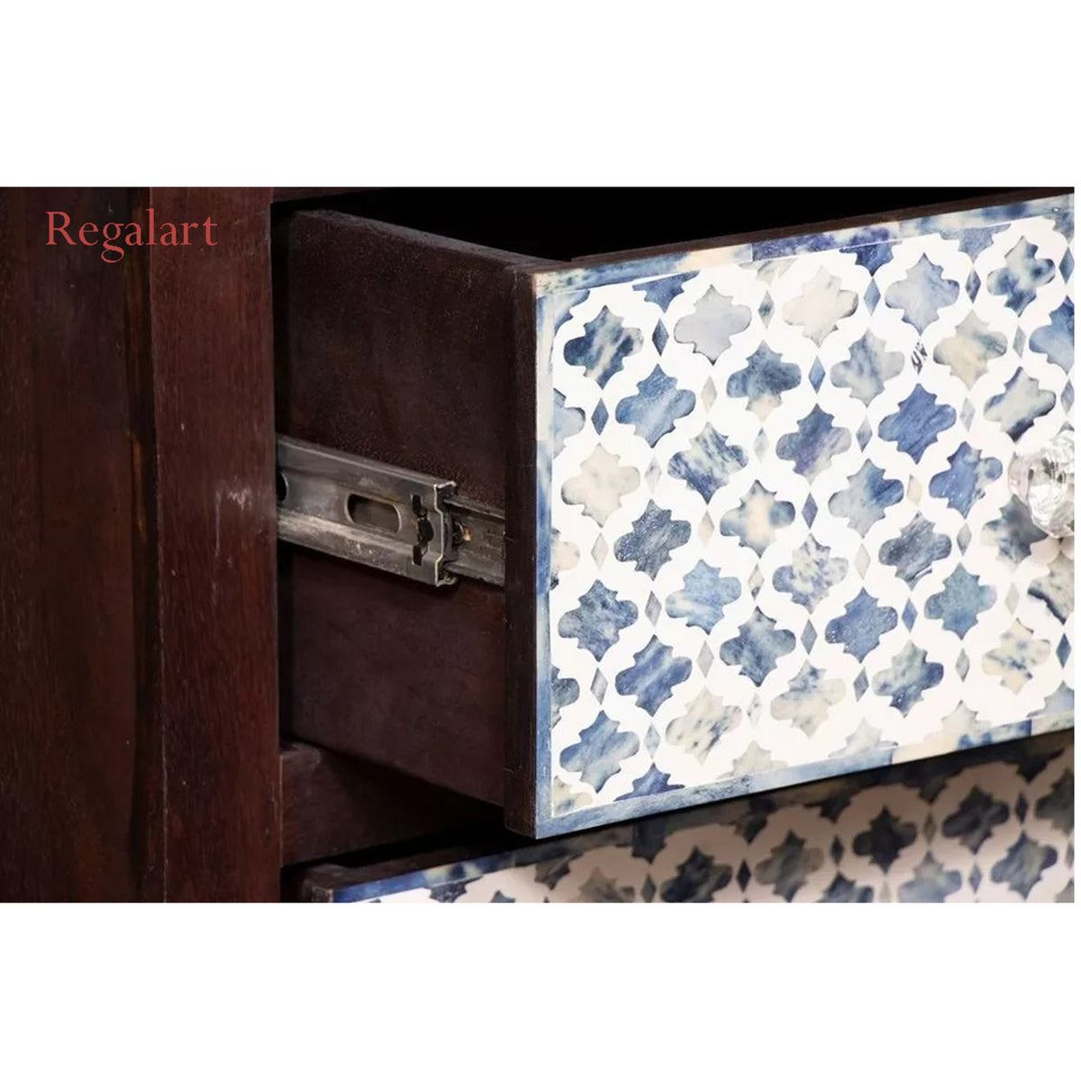 Open Drawer of Handmade Wooden Bone Inlay Chest Showing Spacious Storage