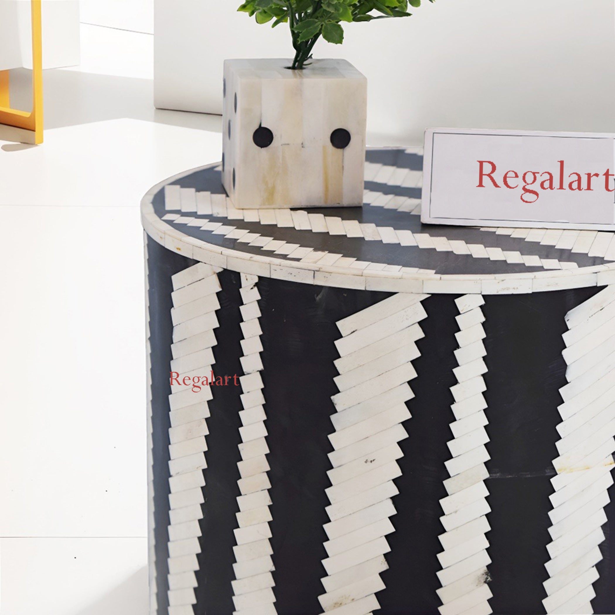 Luxury Bone Inlay Side Table | Black Round Pattern Stool