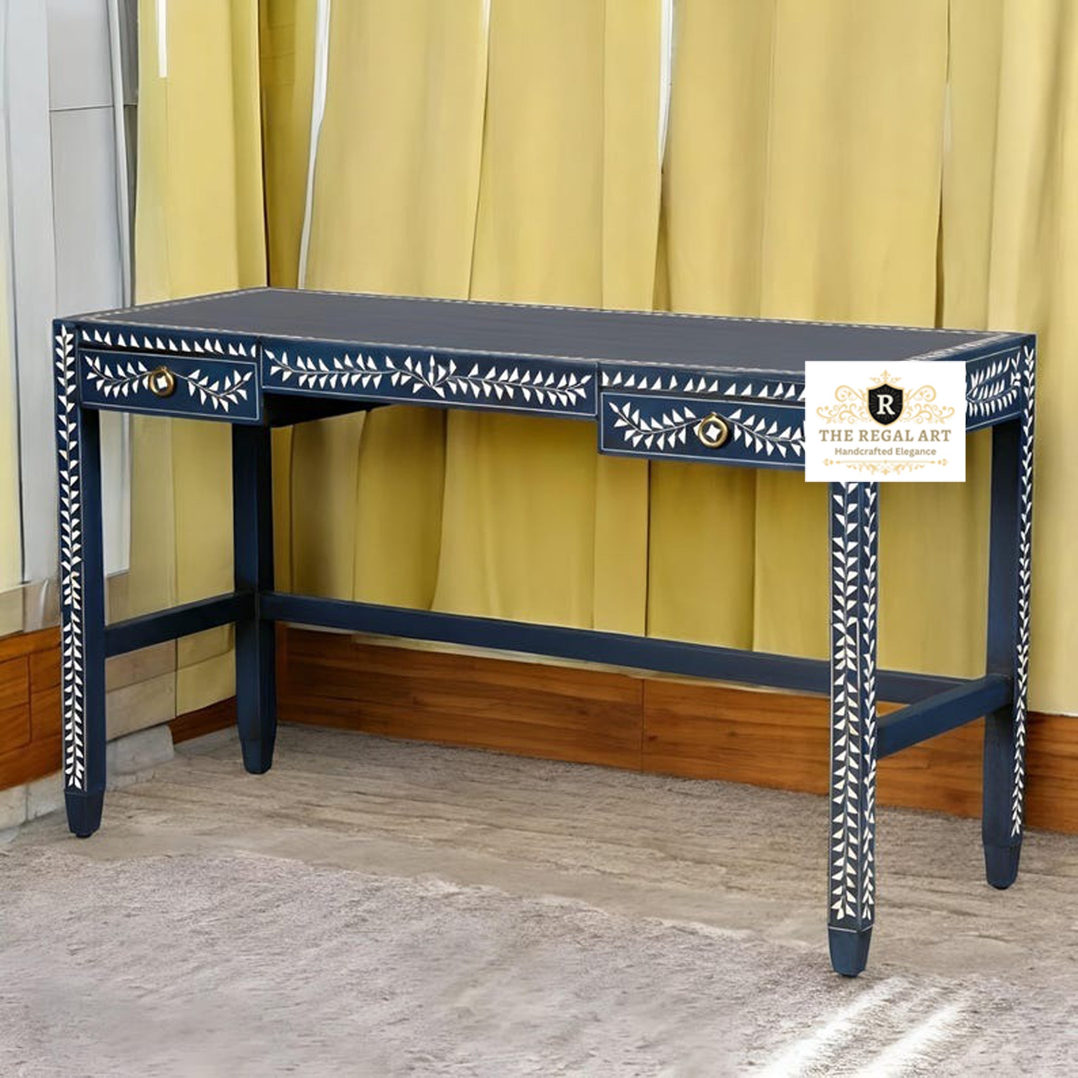 Floral pattern Bone Inlay work desk | Blue Inlay Desk | Desk with Footrest  Bone Inlay Desk | Navy Blue Desk