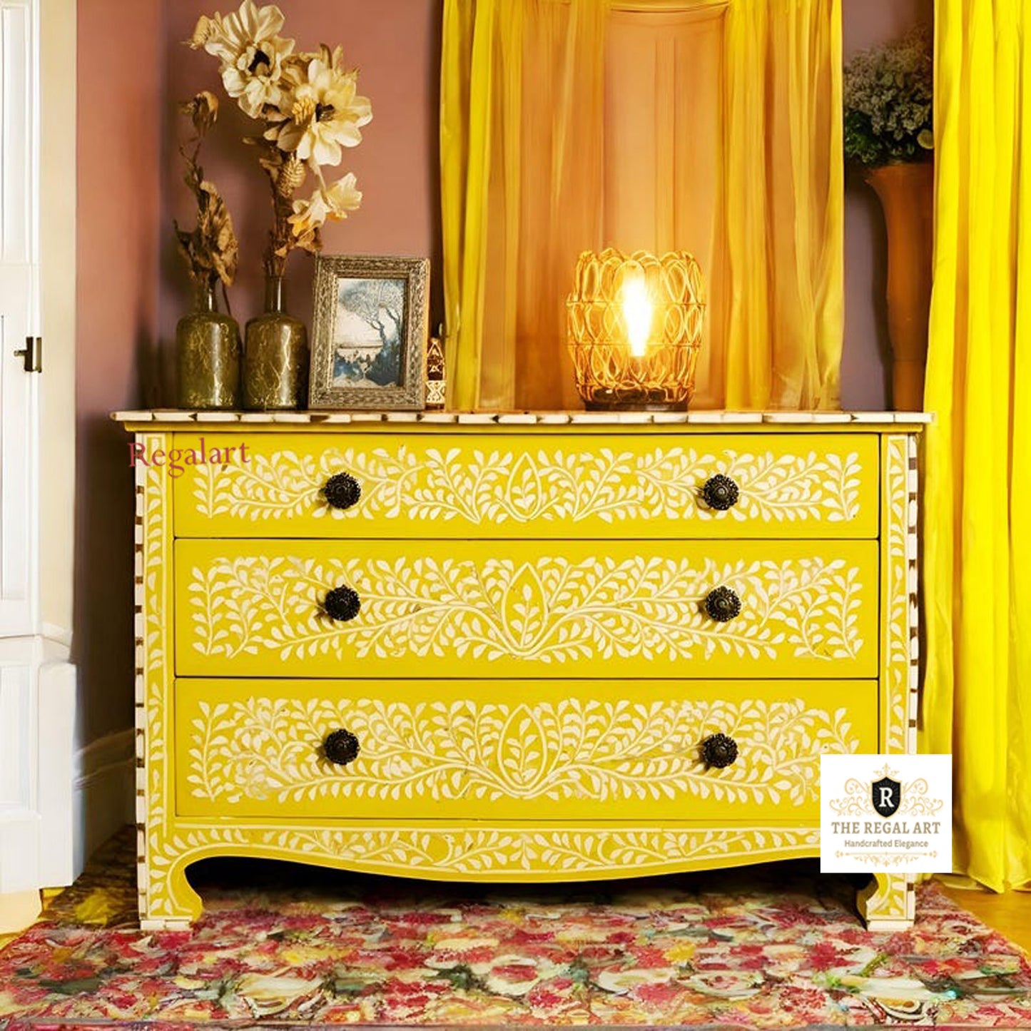 Bone Inlay Three Drawer Chest | Yellow Floral Dresser | Home Decor