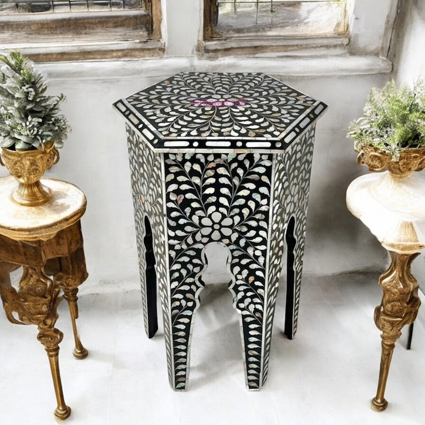 Mother of pearl Side Table, End Stool Floral Pattern round design side table, bedroom decor table