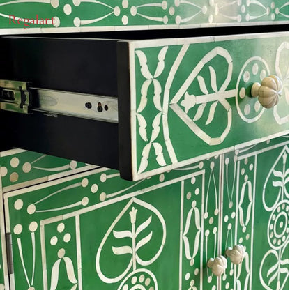 Bone Inlay Chest Of Drawers Drawer, 2 Doors 1 Drawer, Cabinet - Green Leaf Patte