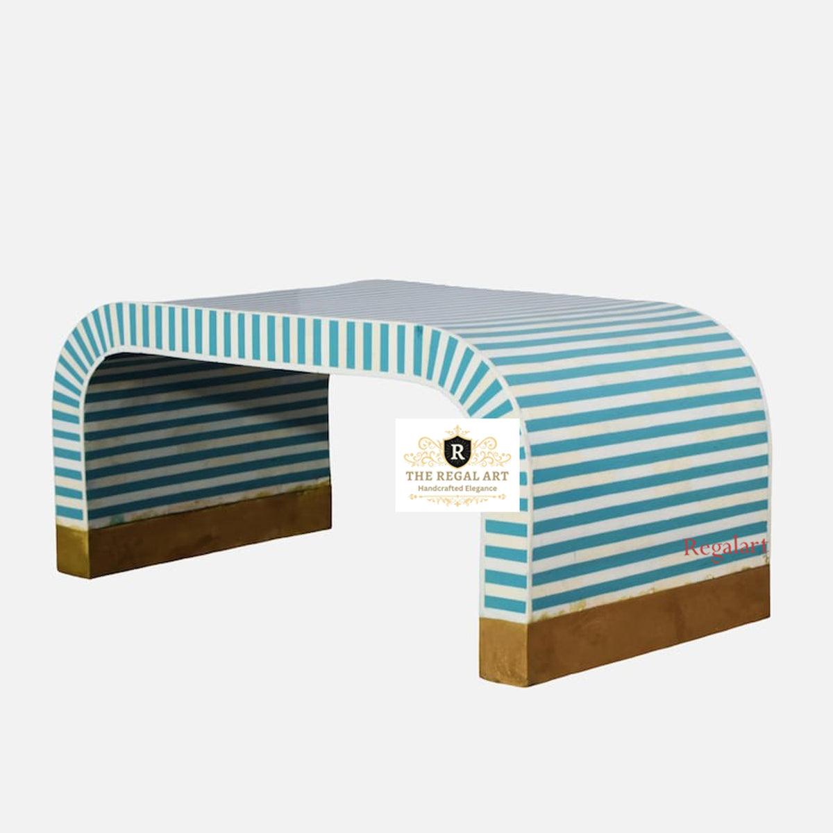 Side View of Handmade Blue Bone Inlay Coffee Table Showcasing U-Shape Waterfall Design