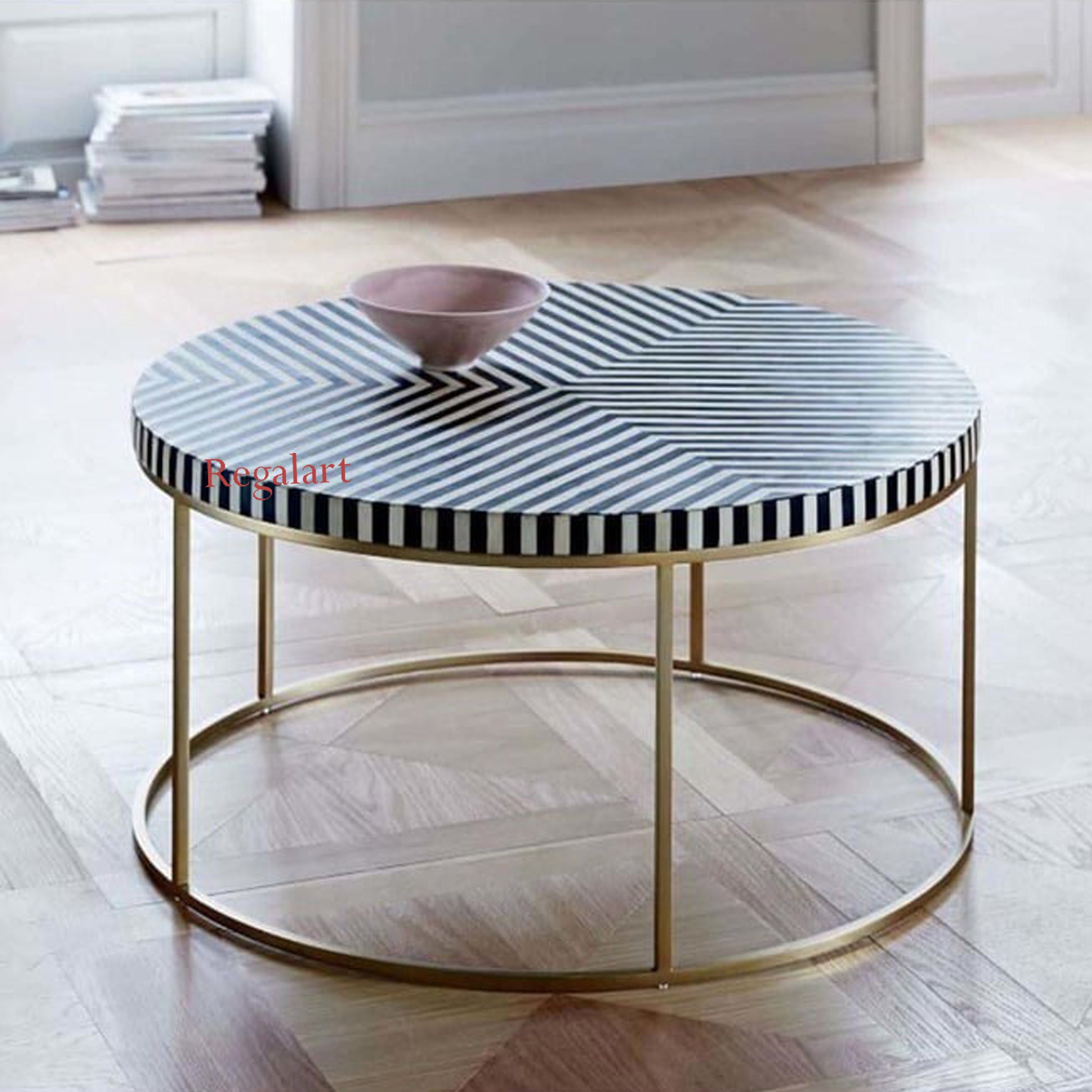 Luxury Bone Inlay Round Coffee Table with Metal Stand