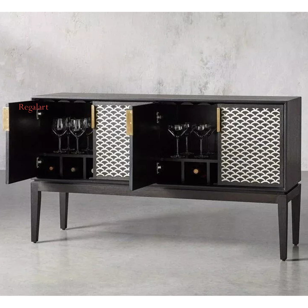 Interior View of Handmade Black and White Bone Inlay Sideboard Cabinet with Adjustable Shelves and Spacious Storage
