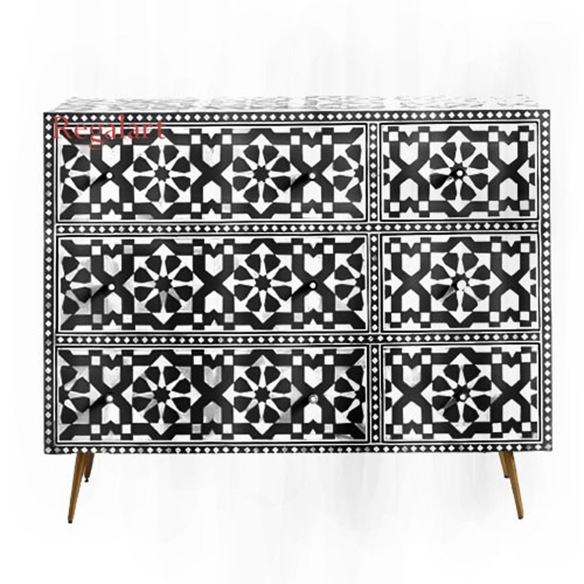 Handmade Black Bone Inlay Chest of Drawers with Moroccan Pattern and Luxury Storage Design