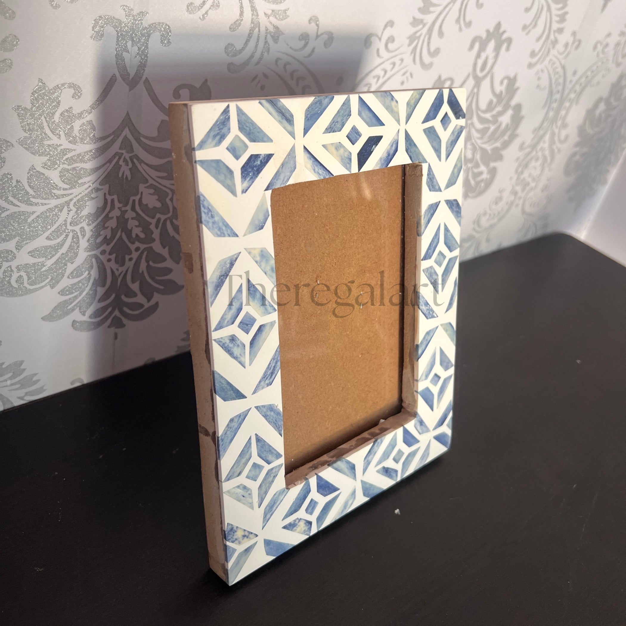 Handcrafted Blue & White Geometric Pattern Photo Frame – Decorative Tabletop Picture Frame