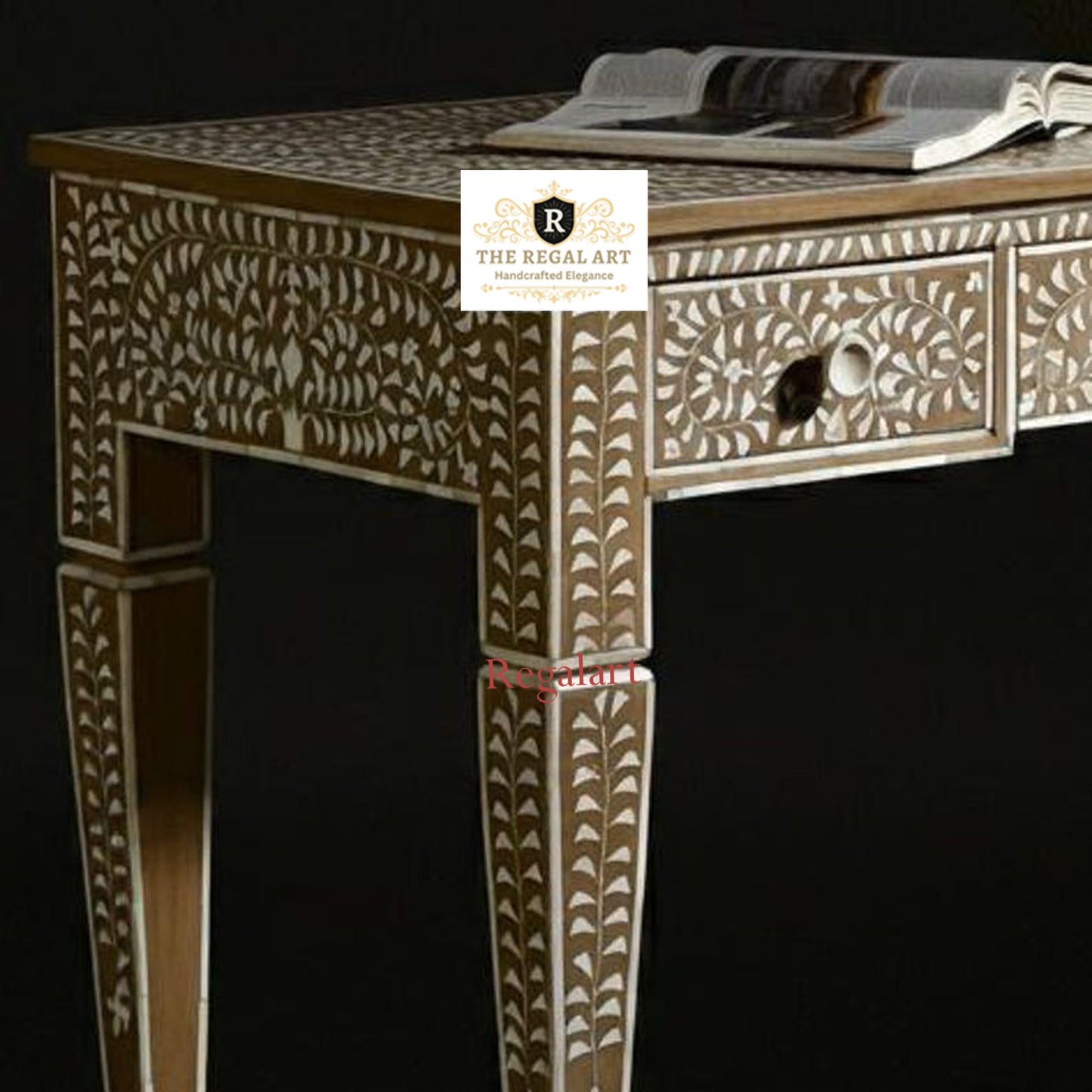 Bone Inlay Work Desk with Three Drawers - Brown Inlay Bedroom Decor