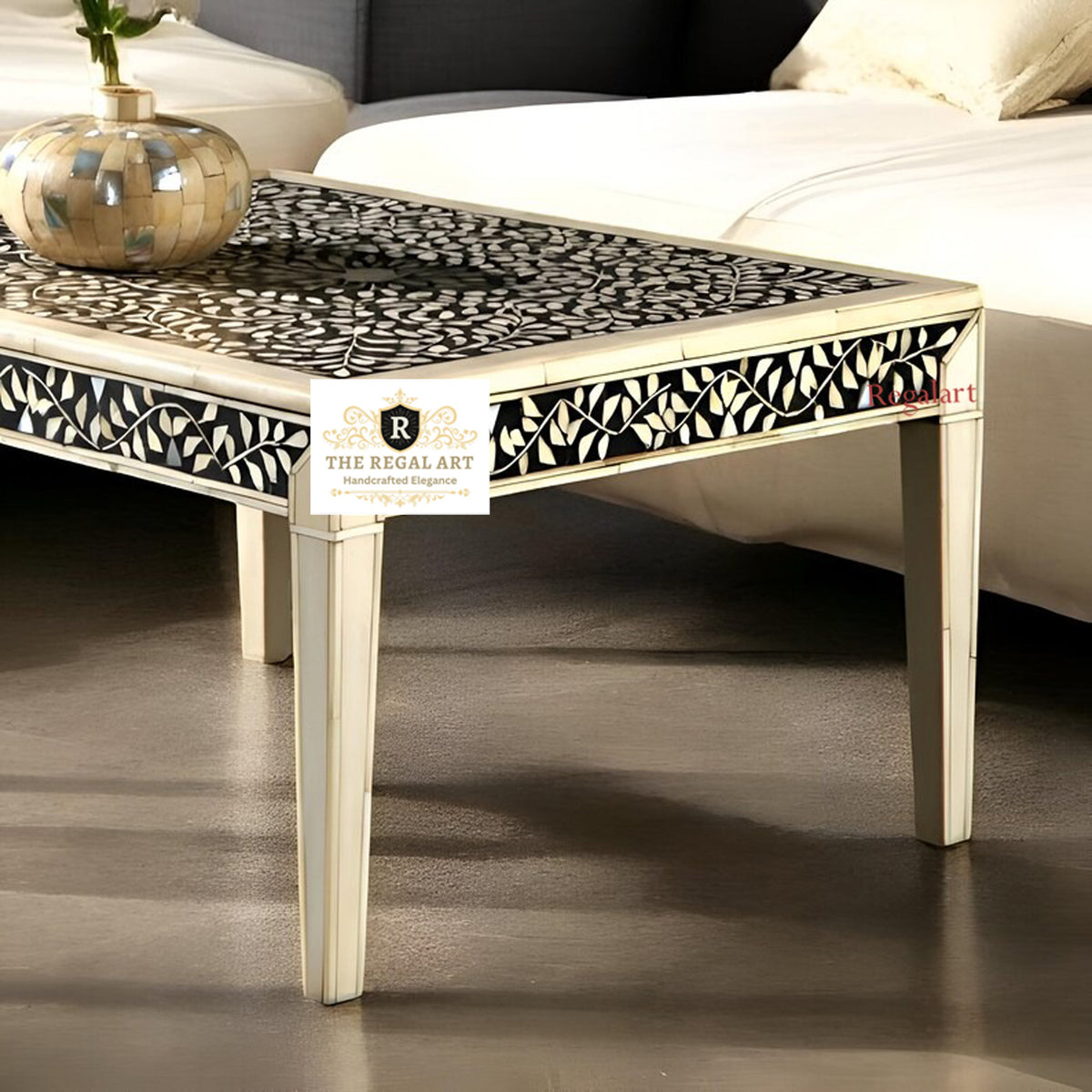 Handcrafted Bone Inlay Coffee Table with Black & White Floral Pattern for Living Room and Luxury Home Décor