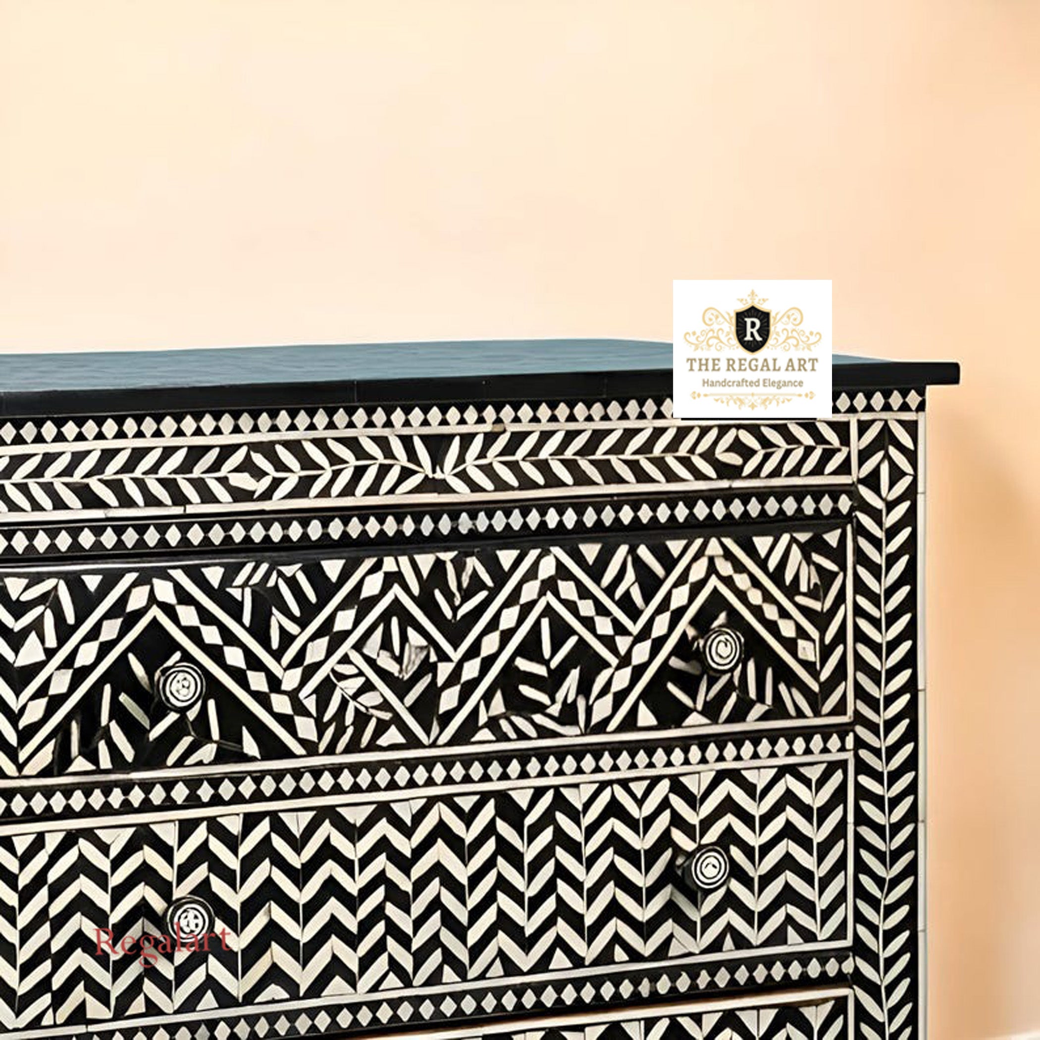 Handmade KitKat Pattern Bone Inlay Dresser – Zed Black 3 Drawer Chest for Bedroom & Living Room