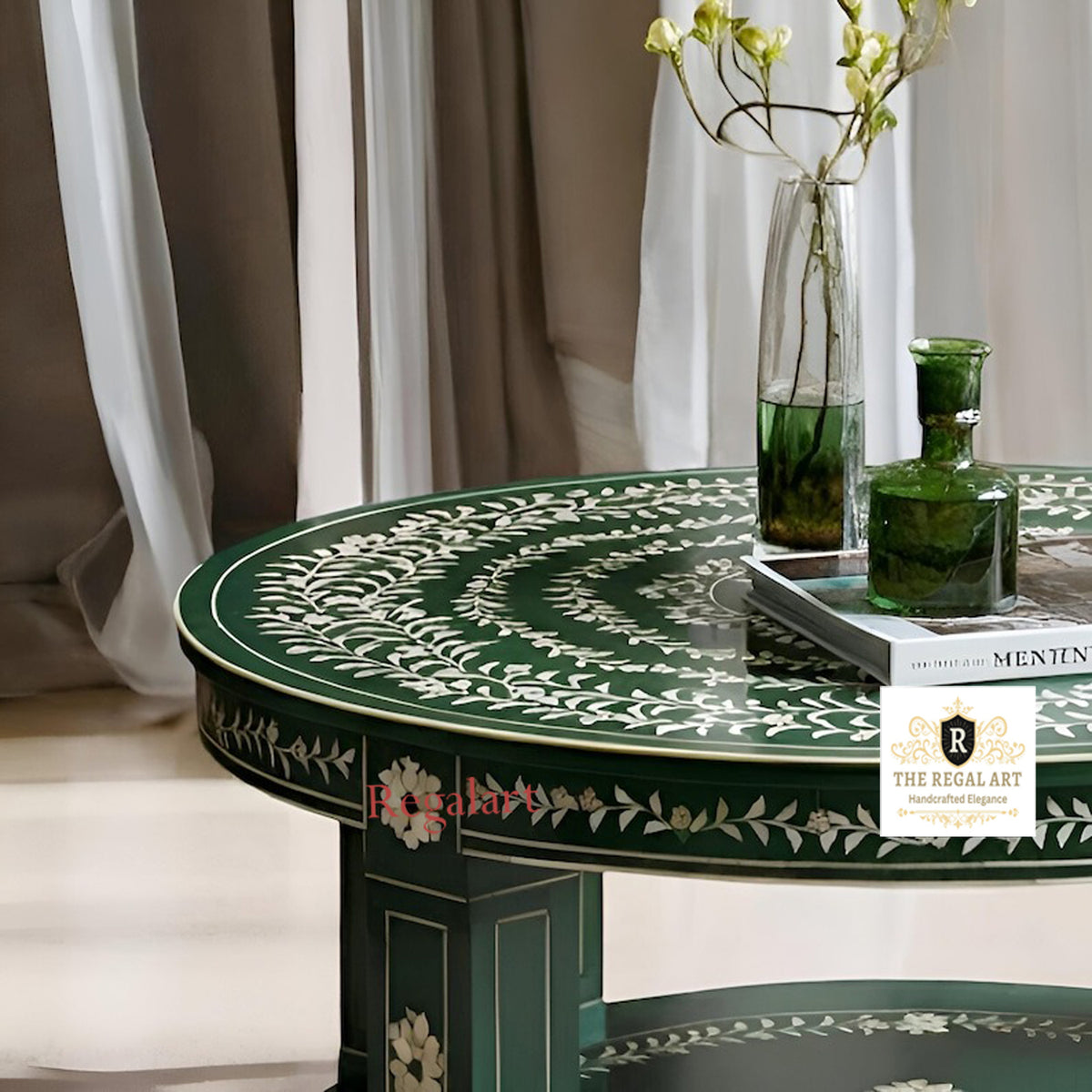Handcrafted Green Floral Bone Inlay Coffee Table with Double Shelf for Living Room and Luxury Home Décor