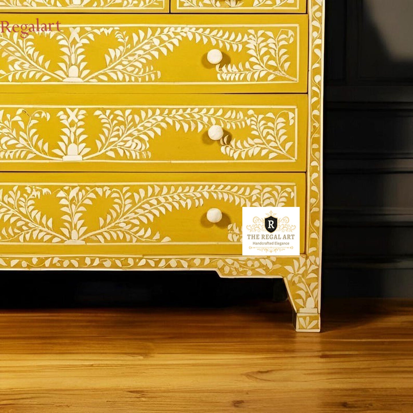 Premium Bone Inlay Six Drawer Chest | Floral Yellow Dresser | Home Storage Solution