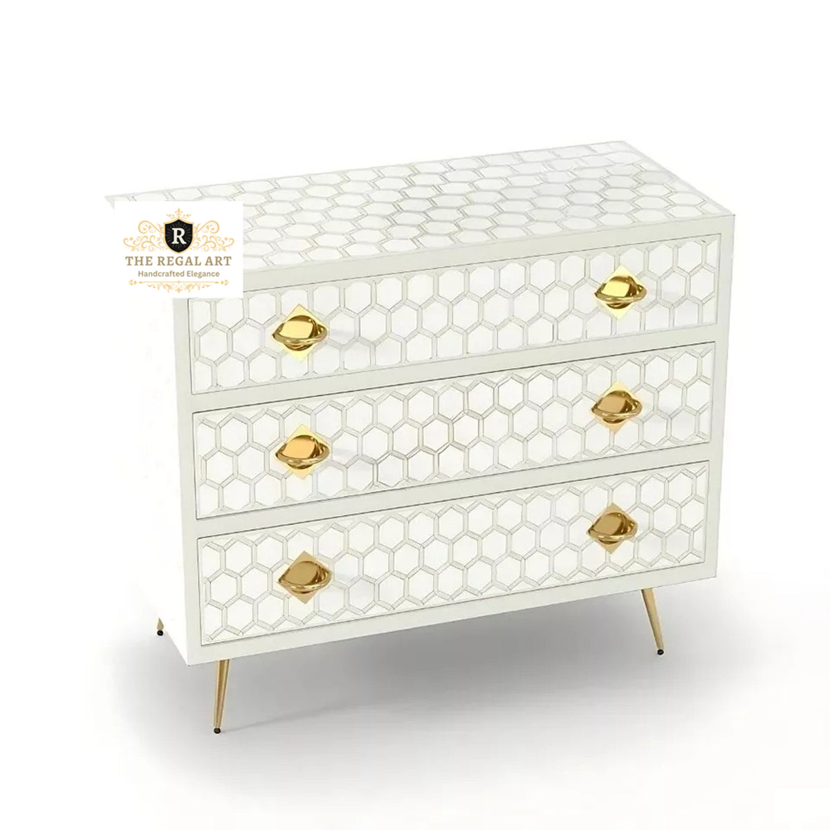 Handmade Mint Green Bone Inlay Chest of Drawers with Honeycomb Pattern and Gold Metal Legs