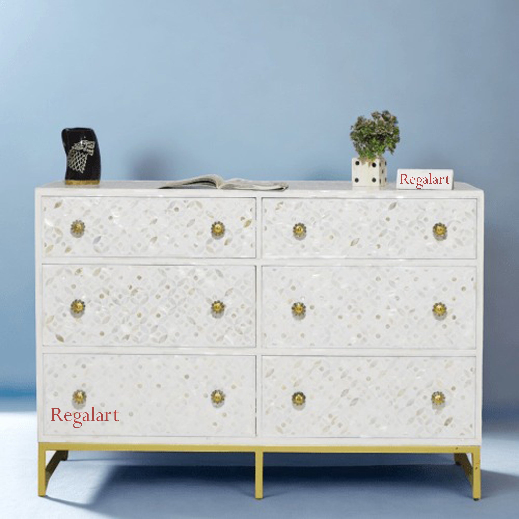 Mother of Pearl Inlay 6 Drawer Chest | Eye Cut Design Dresser