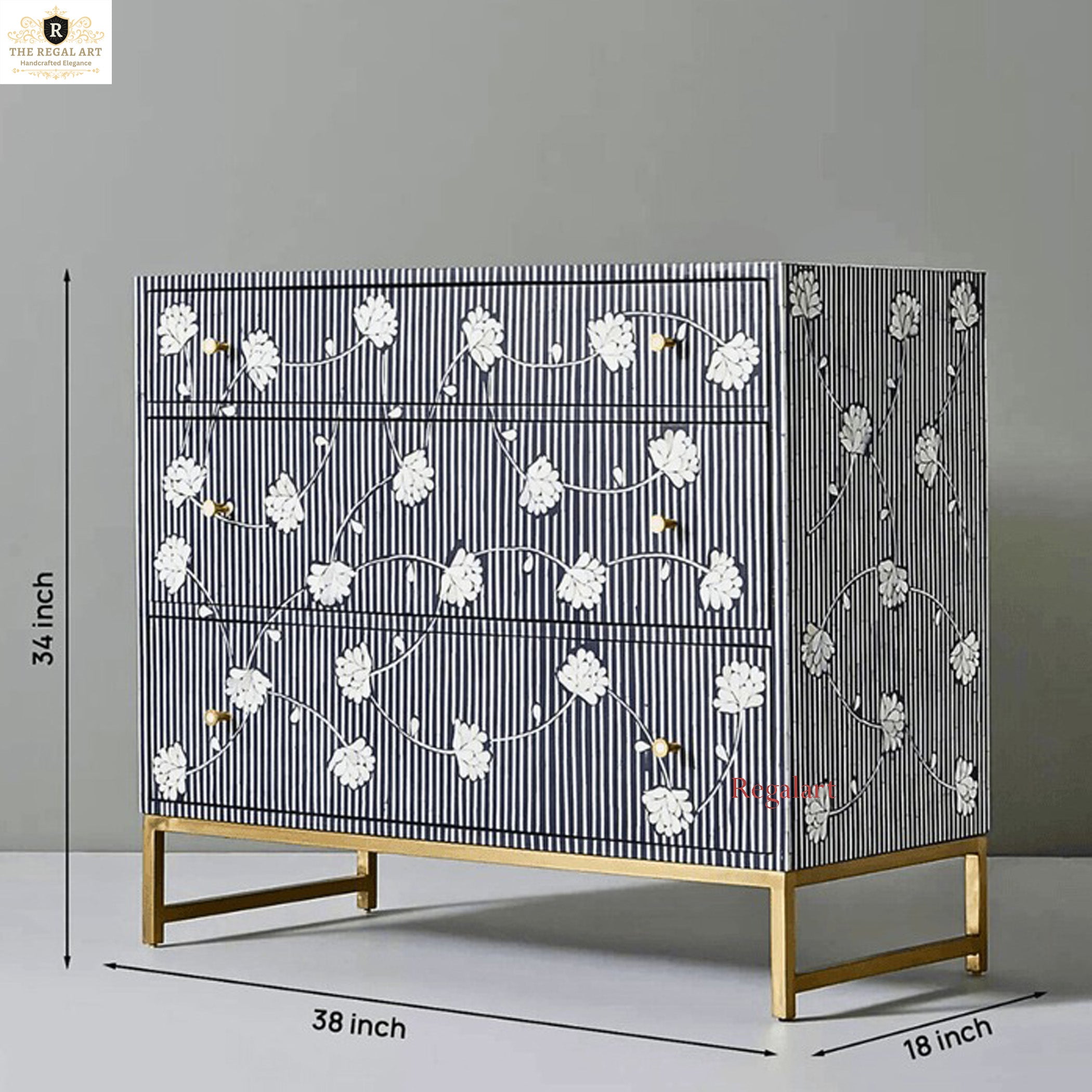 Bone Inlay Chest Indigo Floral | Luxury 3-Drawer Dresser
