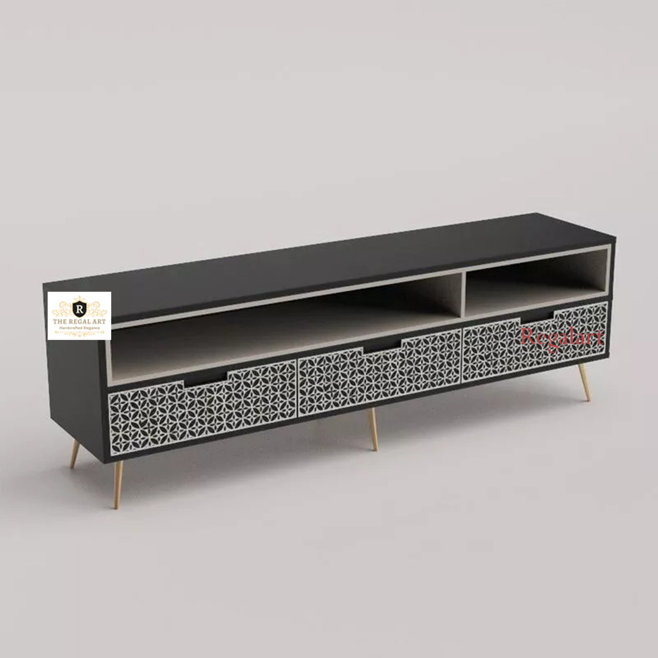 Bone Inlay Media Unit Entertainment | Geofloral Navy Blue TV Unit