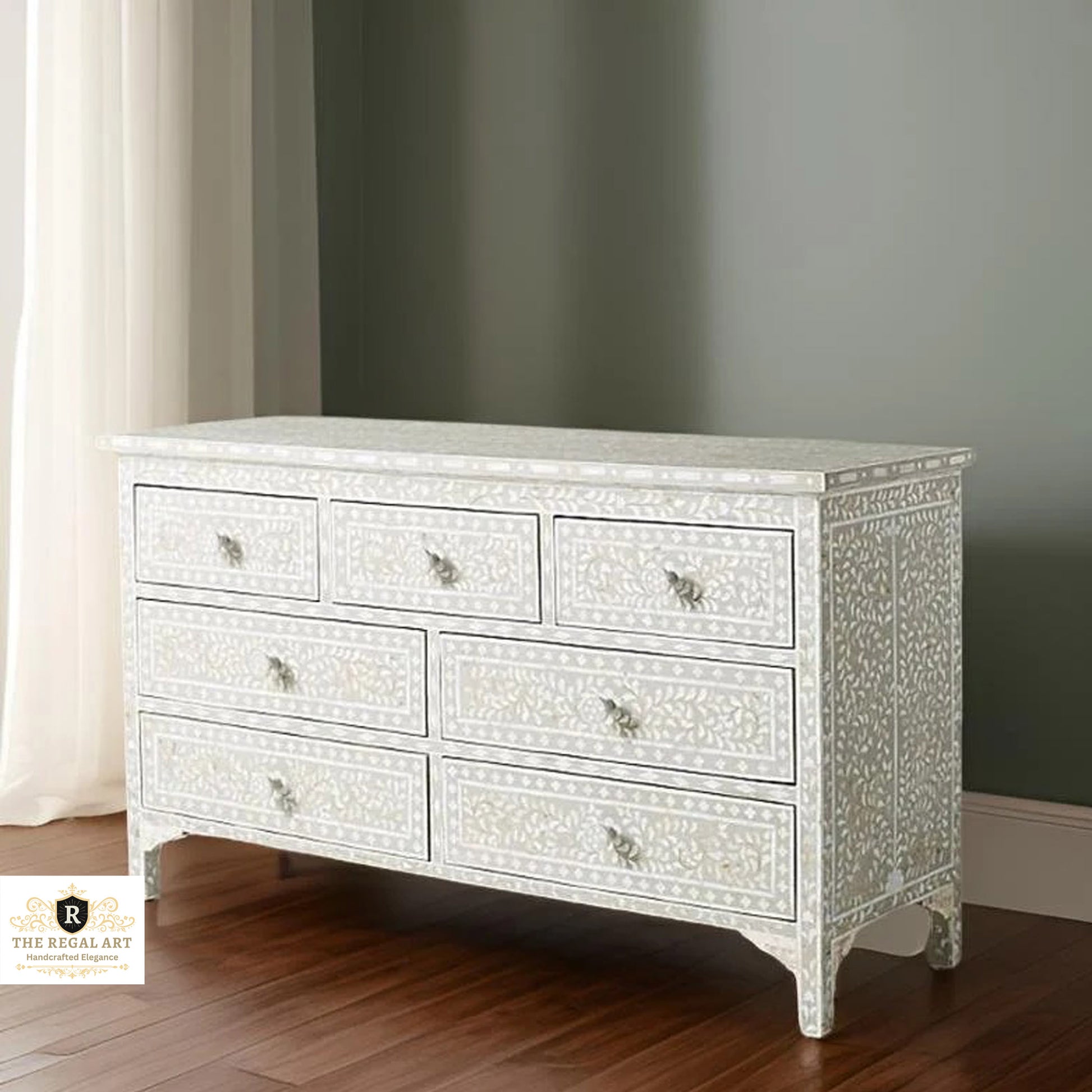 Mother of Pearl 7 Drawer Dresser Handmade Floral Pattern Sideboard Furniture White, Mother Of Pearl Chest of drawer