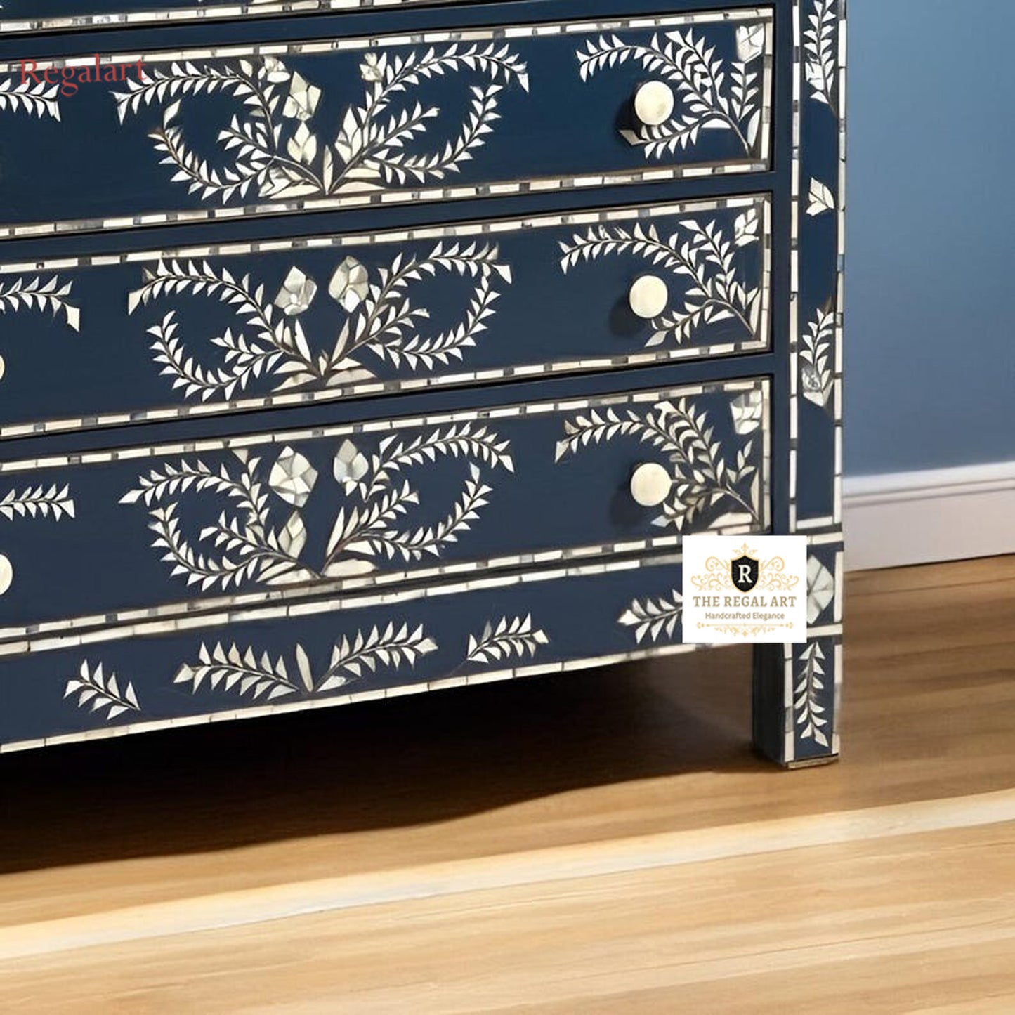 Handmade Navy Bone Inlay Dresser | Elegant Petal Pattern Design