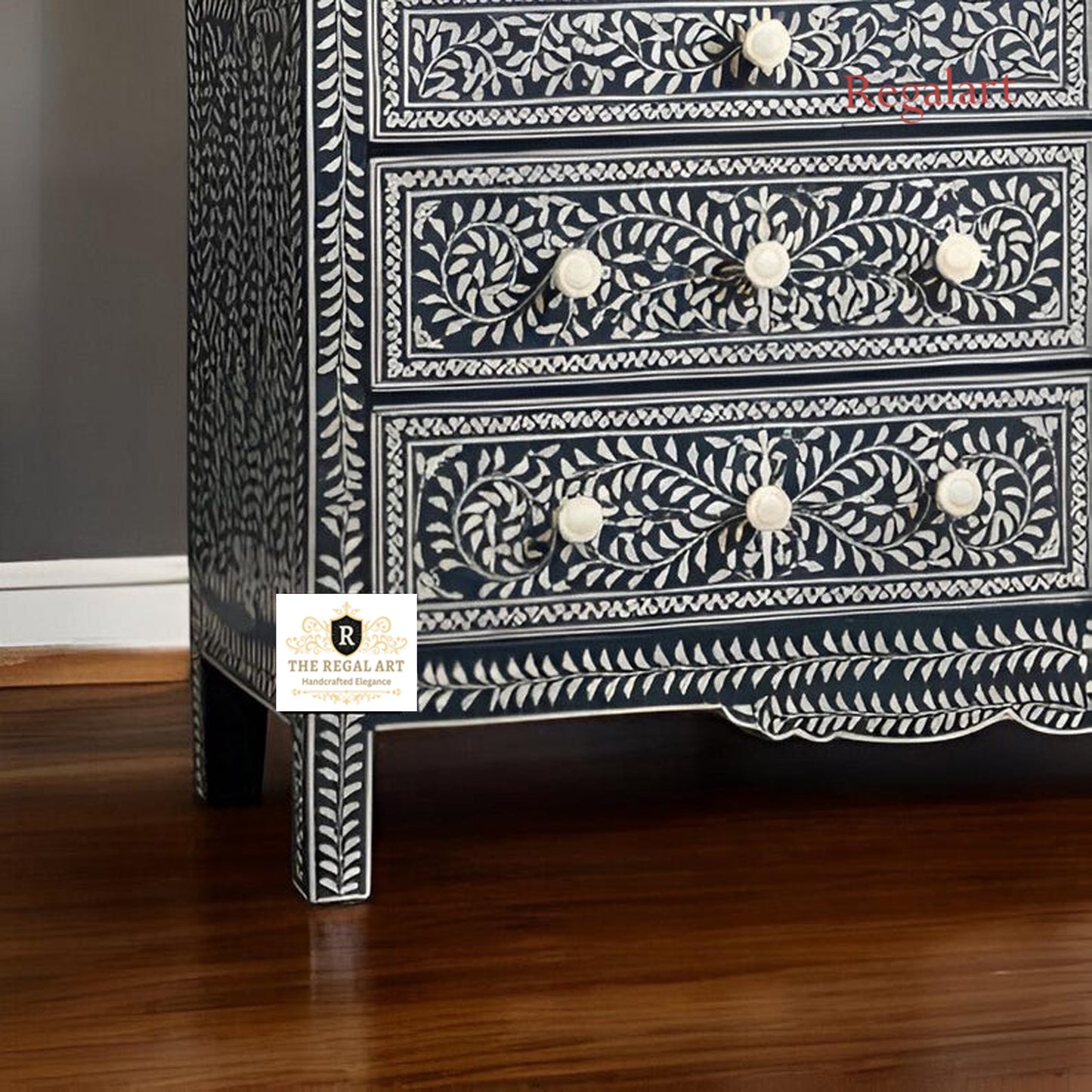 Navy Blue Six Drawer | Bone Inlay Floral Dresser | Elegant Buffet Storage