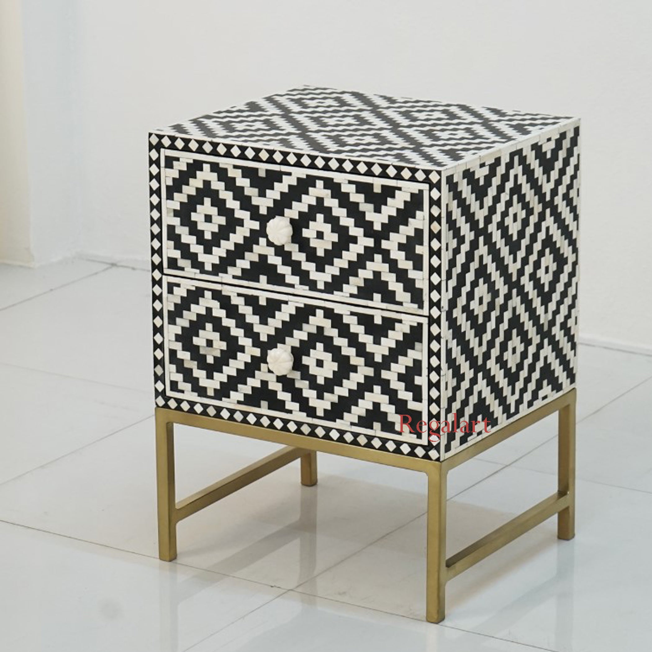Handmade Bone Inlay Nightstand | 2-Drawer Side Table