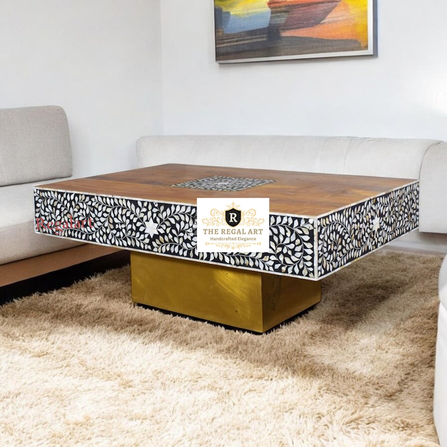 Wooden Mother of Pearl inlay Coffee table | Handcrafted Coffee table | Floral pattern Coffee table