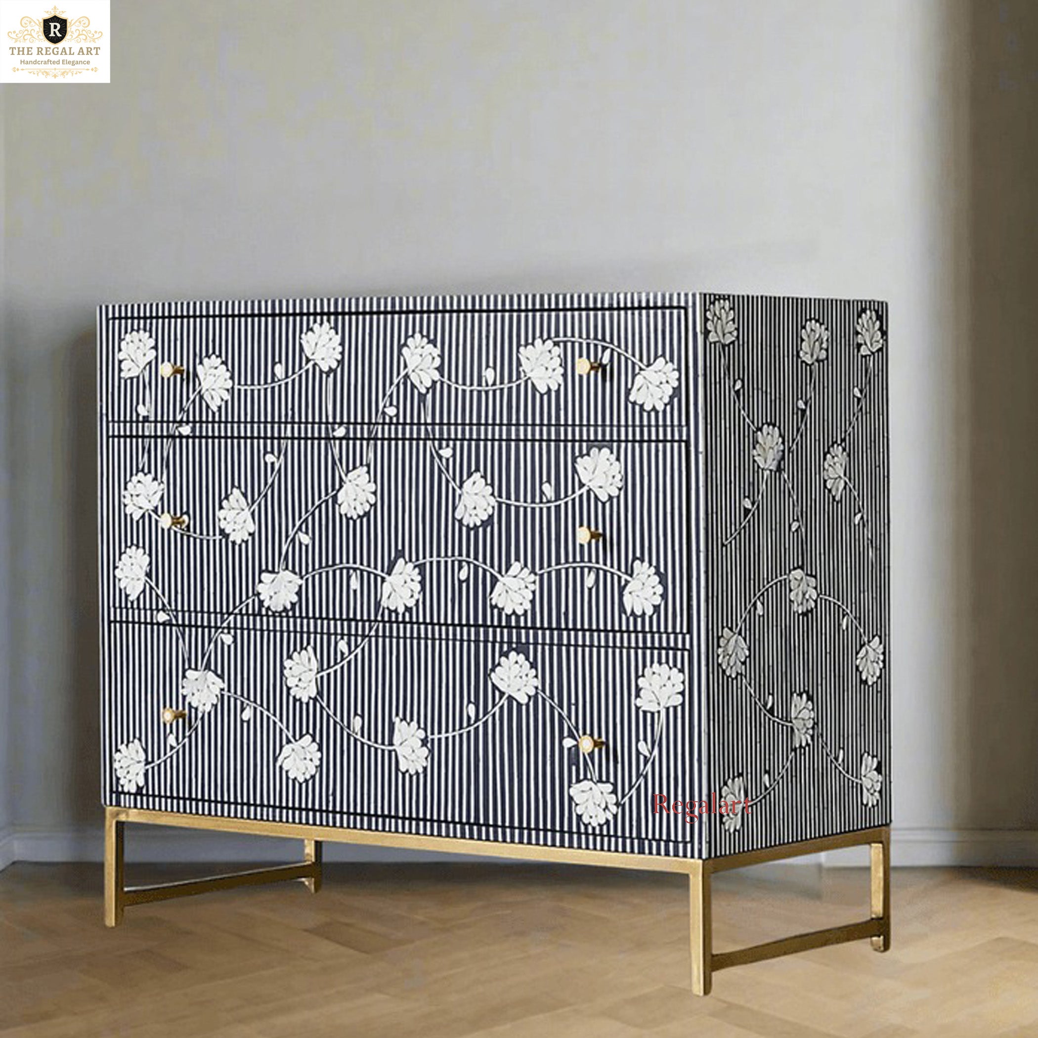 Bone Inlay Chest Indigo Floral | Luxury 3-Drawer Dresser