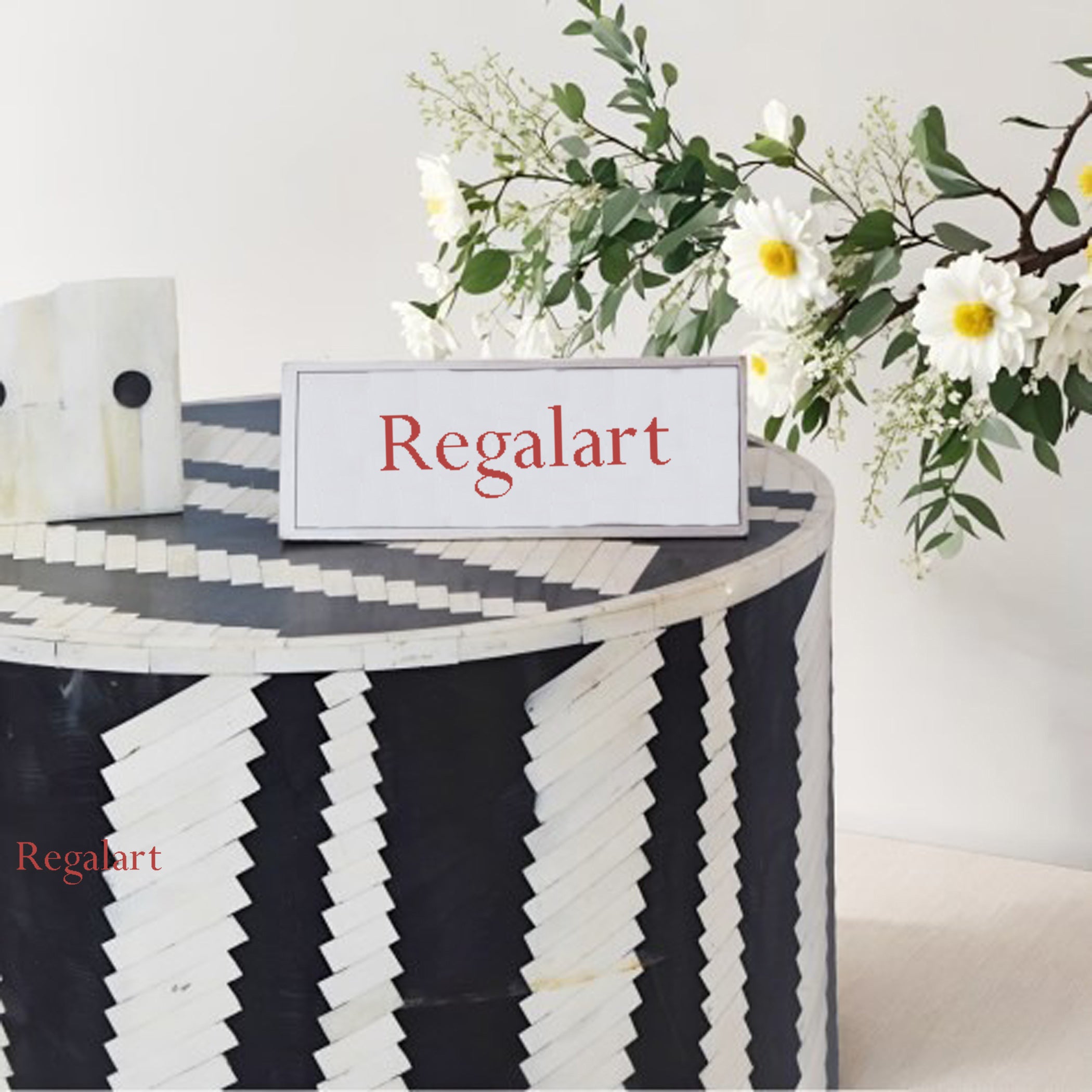 Luxury Bone Inlay Side Table | Black Round Pattern Stool