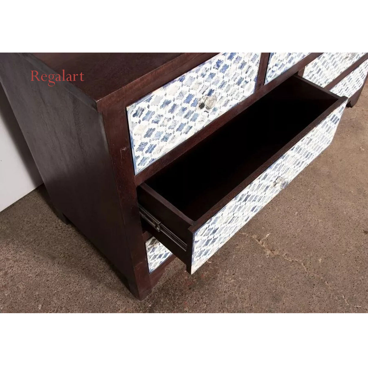 Open Drawer of Handmade Wooden Bone Inlay Chest Showing Spacious Storage
