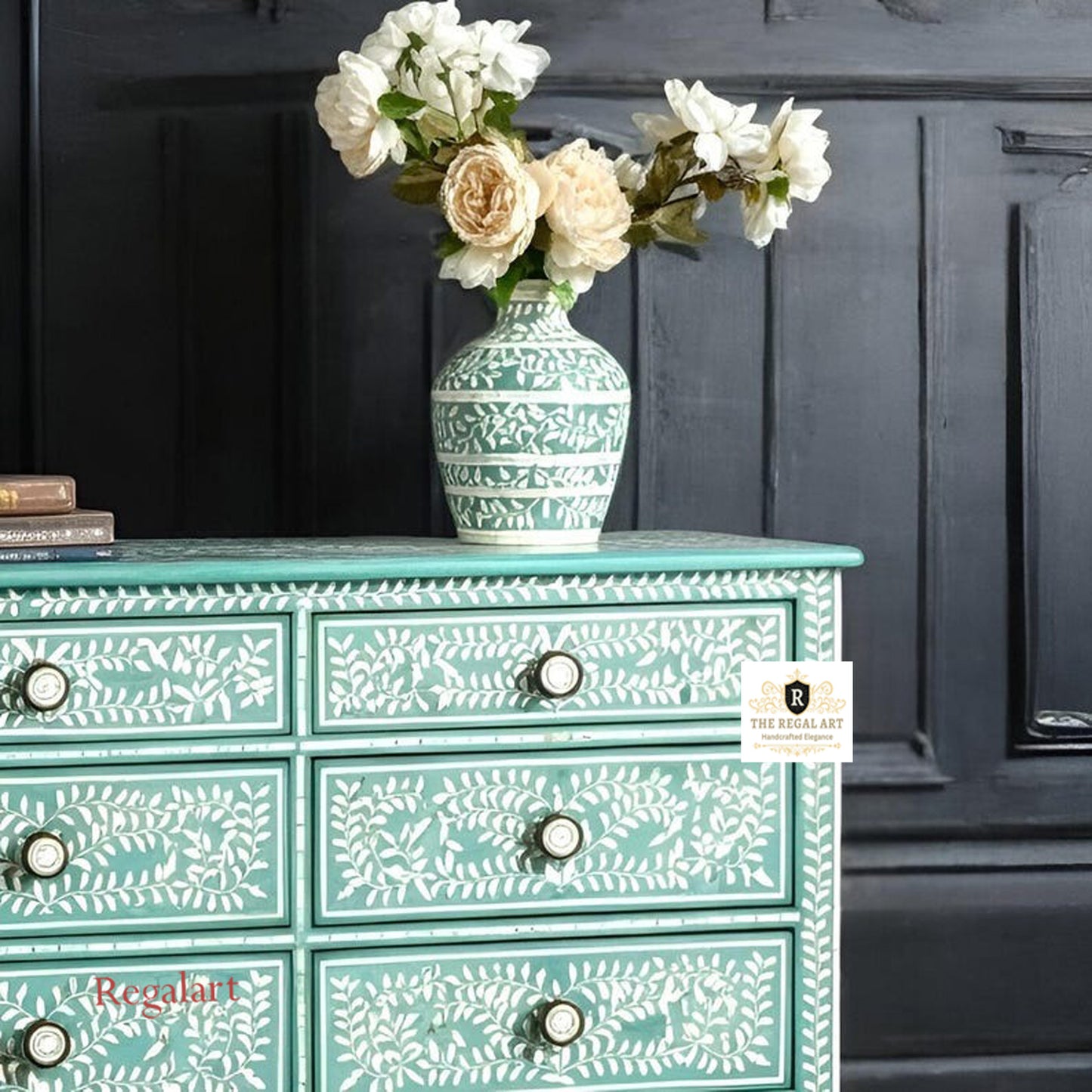 Luxury Floral Bone Inlay Dresser | Eight Drawers | Elegant Handmade Decor