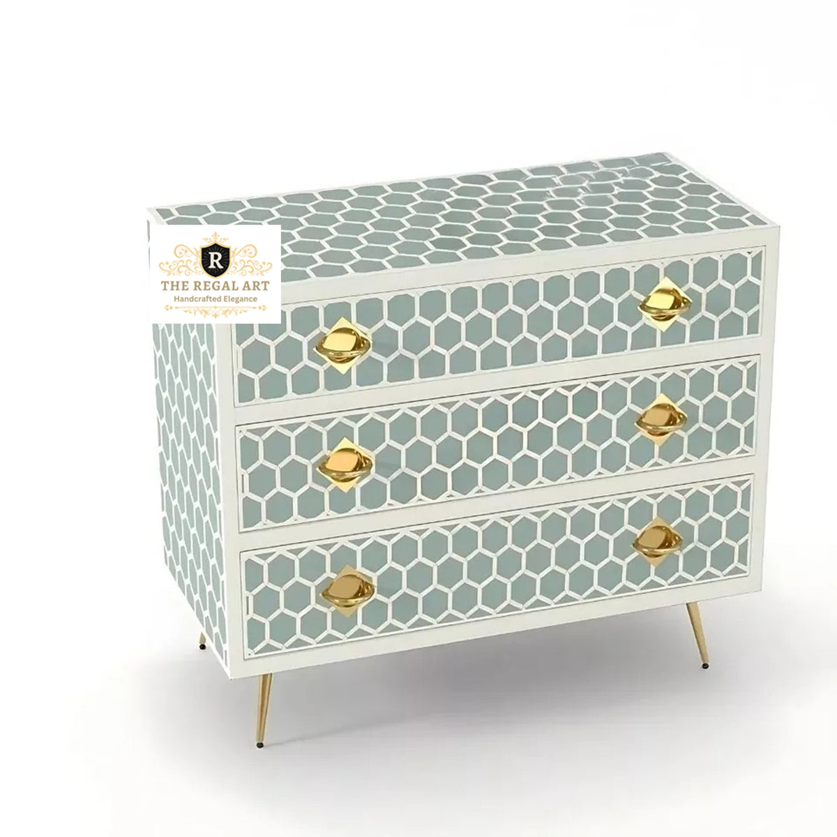 Handmade Teal Blue Bone Inlay Chest of Drawers with Honeycomb Inlay Pattern and Brass Knobs