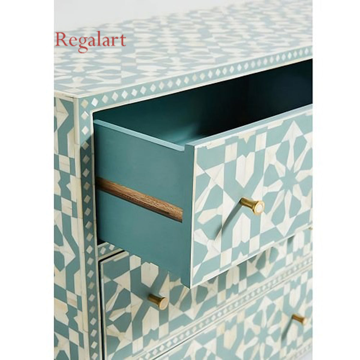 Close-Up of Handmade Aqua Blue Bone Inlay Chest Corner with Moroccan Geometric Pattern