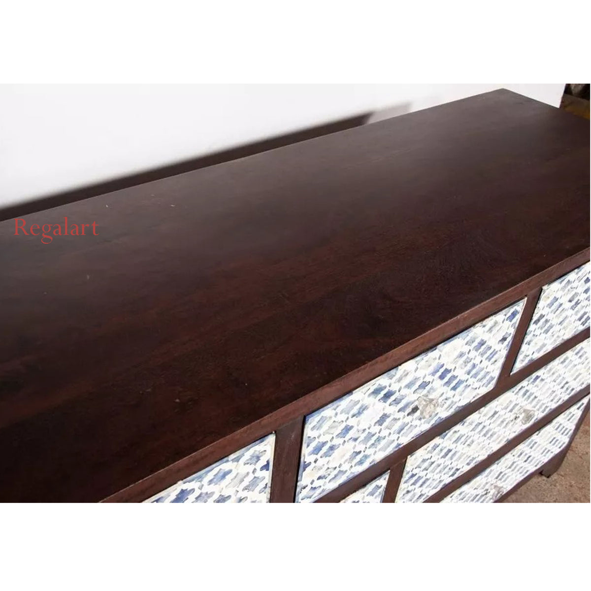 Close-Up of Smooth Solid Wood Top on Handmade Bone Inlay Dresser