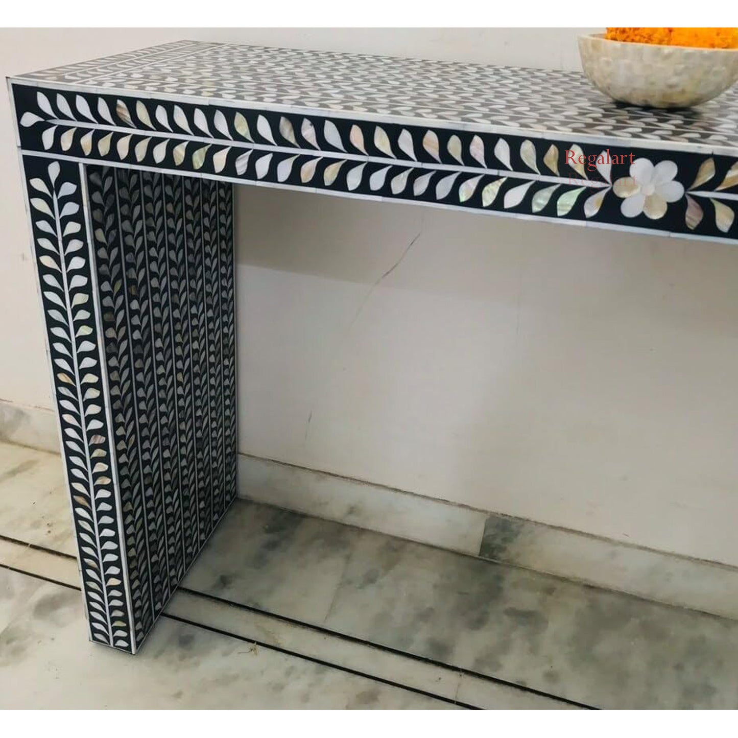 Handmade  Mother of Pearl Console Table with Floral U Shape Design