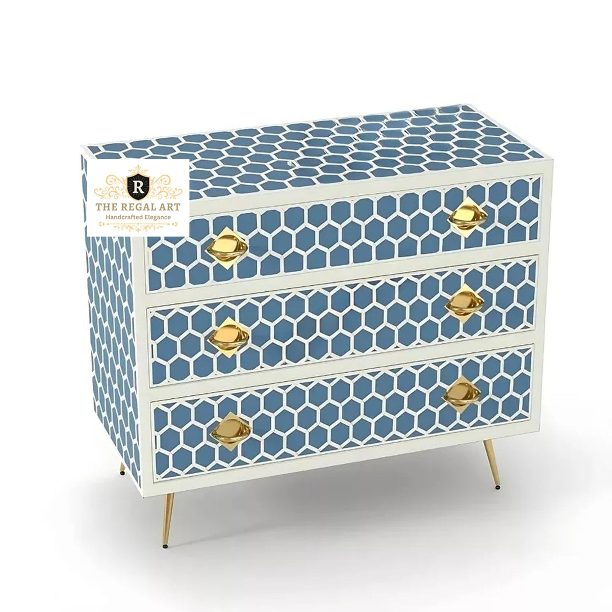 Handmade Navy Blue Bone Inlay Chest of Drawers with Honeycomb Pattern for Luxury Bedroom Furniture