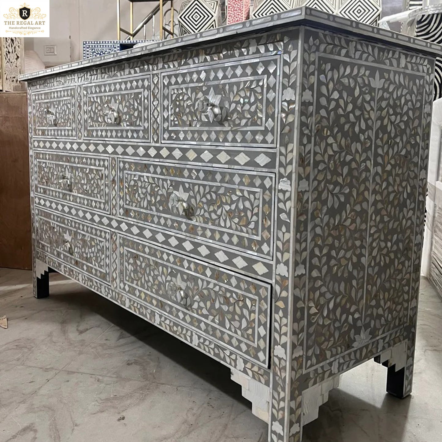 Mother of Pearl 7 Drawer Dresser Handmade Floral Pattern Sideboard Furniture White, Mother Of Pearl Chest of drawer