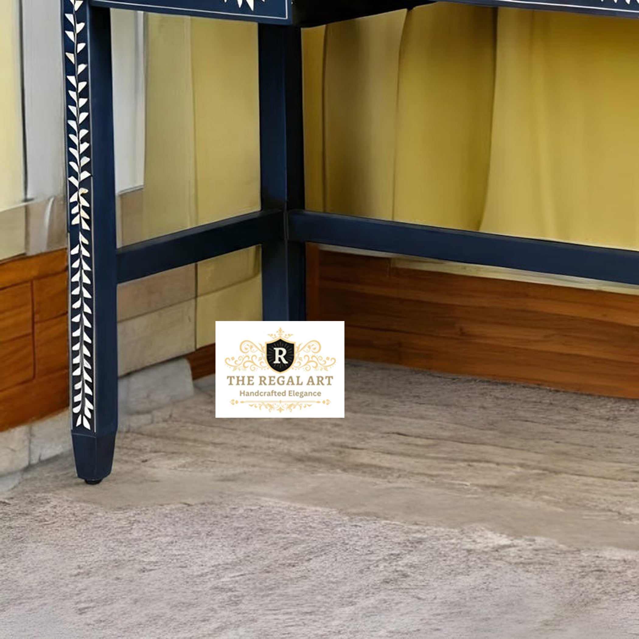 Floral pattern Bone Inlay work desk | Blue Inlay Desk | Desk with Footrest  Bone Inlay Desk | Navy Blue Desk