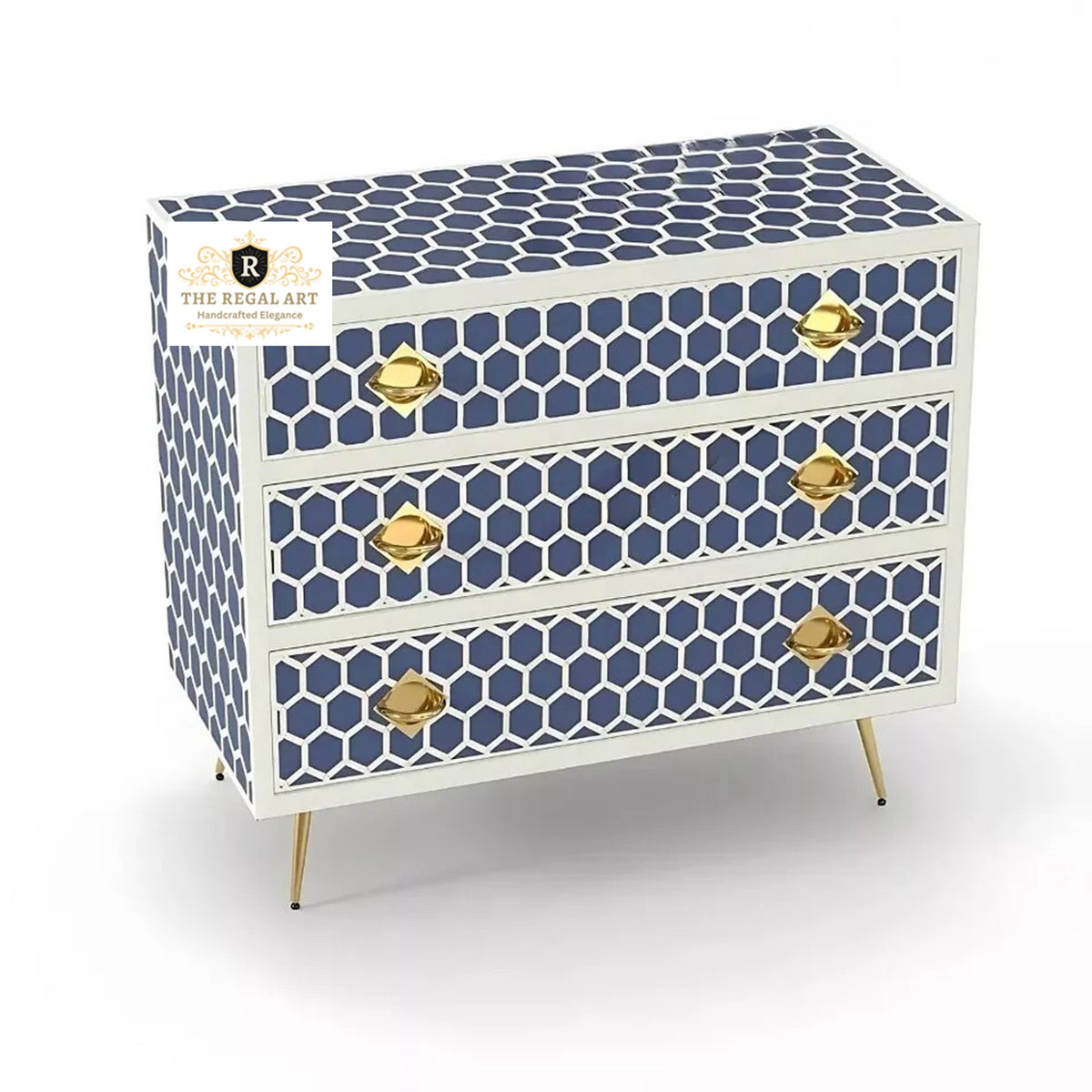 Handmade Navy Blue Bone Inlay Chest of Drawers with Honeycomb Pattern for Luxury Bedroom Furniture