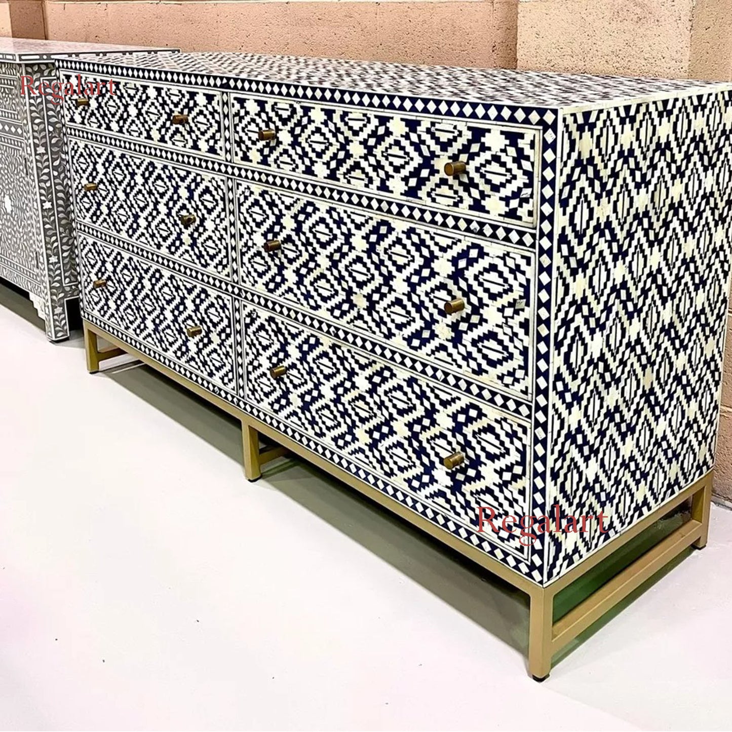 Bone Inlay Sideboard - Navy Tribal Ikat Living Room Furniture- MADE TO ORDER