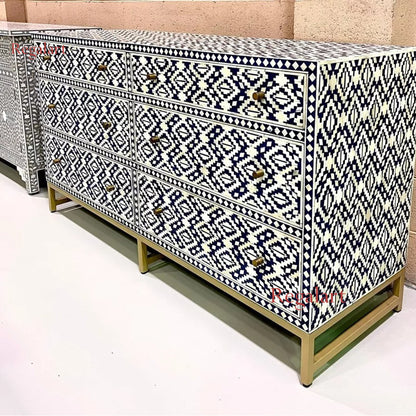 Bone Inlay Sideboard - Navy Tribal Ikat Living Room Furniture- MADE TO ORDER