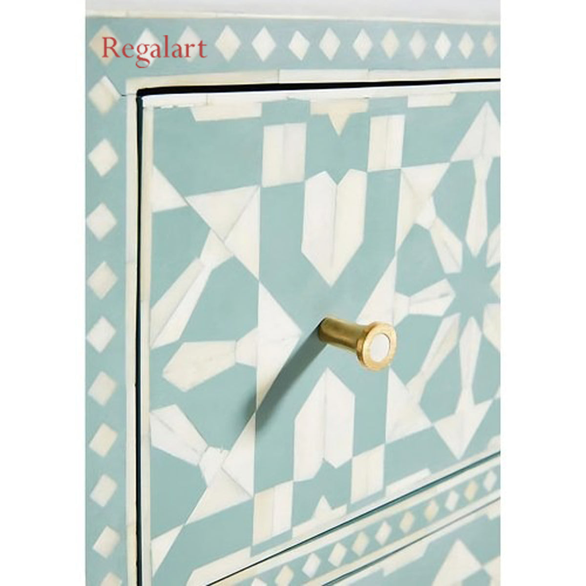 Close-Up of Aqua Blue Bone Inlay Drawer Front with Brass Knob and Moroccan Inlay Design