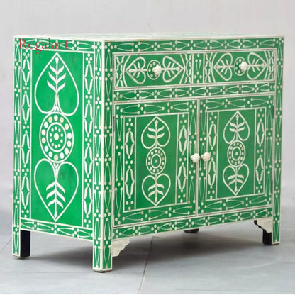 Bone Inlay Chest Of Drawers Drawer, 2 Doors 1 Drawer, Cabinet - Green Leaf Patte