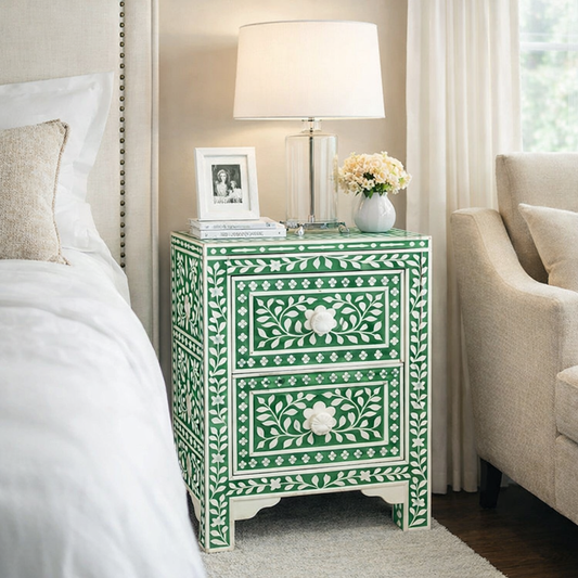 Bone Inlay Nightstand Table – Handmade 2 Drawer Vintage Floral Bedside Cabinet for Home Decor
