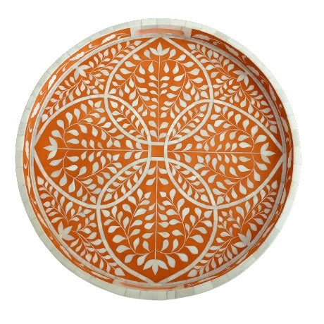Handcrafted round floral bone inlay tray – ideal for coffee tables, serving, or gifting. Artisan-made with care. Custom sizes available.