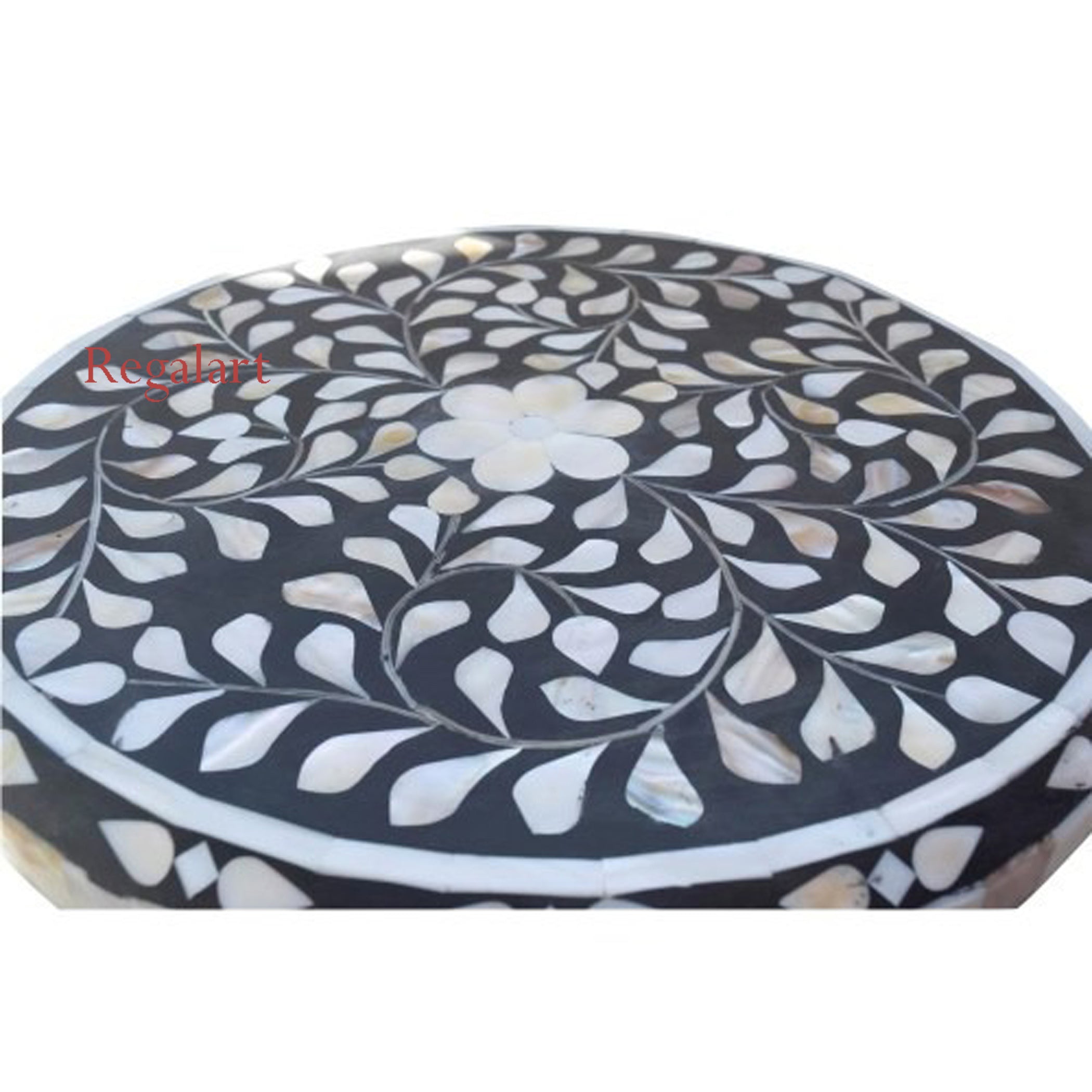 Round Side Table with Mother of Pearl Inlay – Floral Design Accent Table for Home Décor | Luxury Handmade Furniture