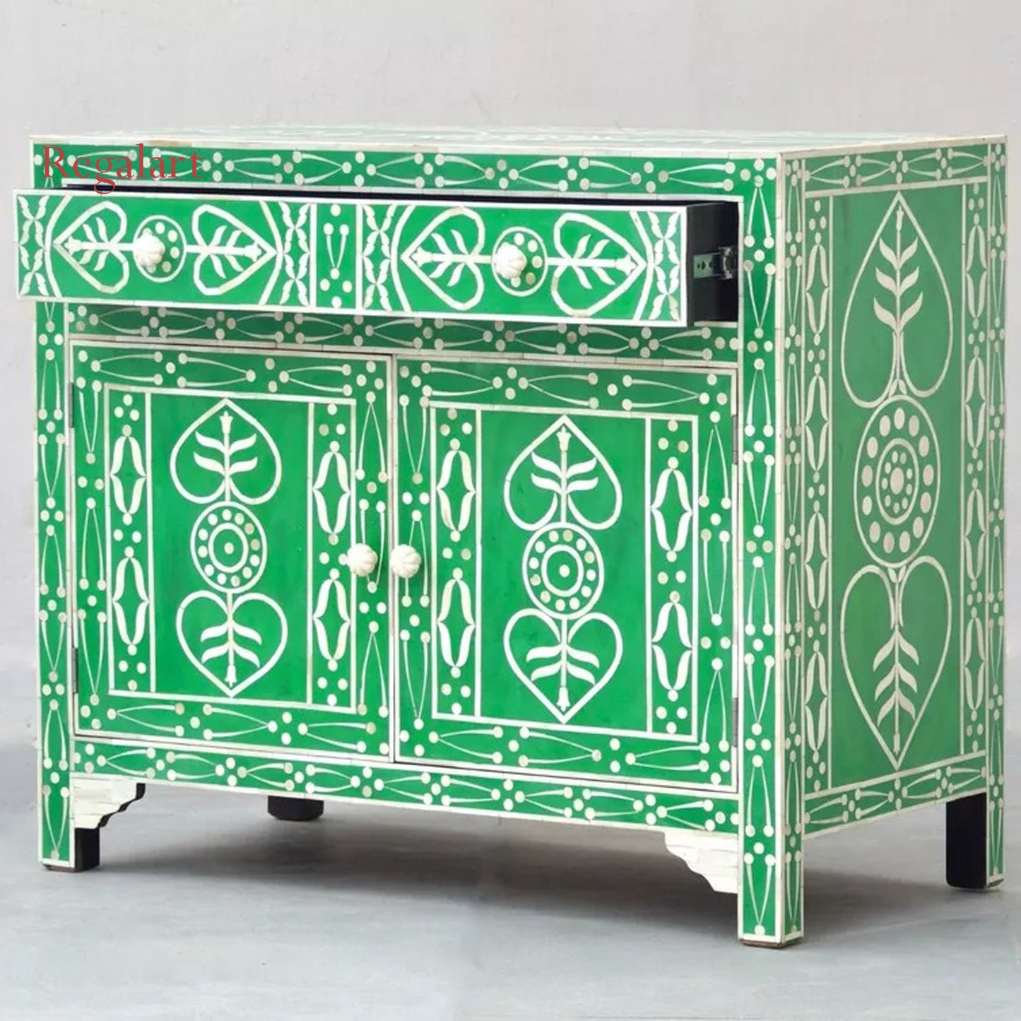 Bone Inlay Chest Of Drawers Drawer, 2 Doors 1 Drawer, Cabinet - Green Leaf Patte